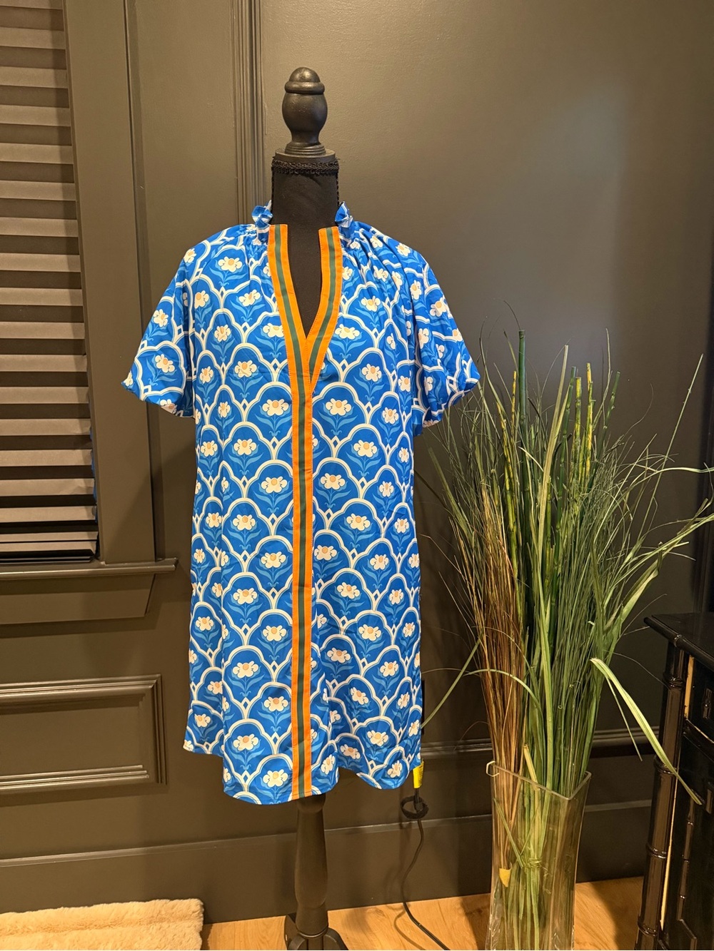 Blue Floral-Print Womens Dress with Orange Trim